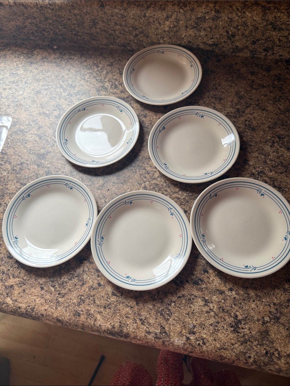 Corelle Cream saucers Plates with Blue Floral Trim and Red Accents - Set of 6